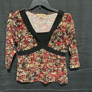 Notations Women S Top Tunic Red/Black/White/Tan Geometric Print 3/4 sleeves‎